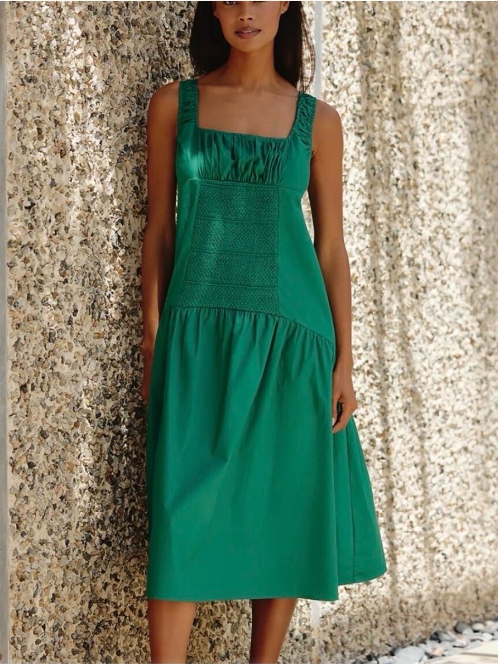 Square-Neck Midi Dress in Emerald Green